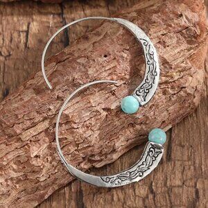 Large Silver Tone Feather Spiral Earrings in Turquoise Blue #1314